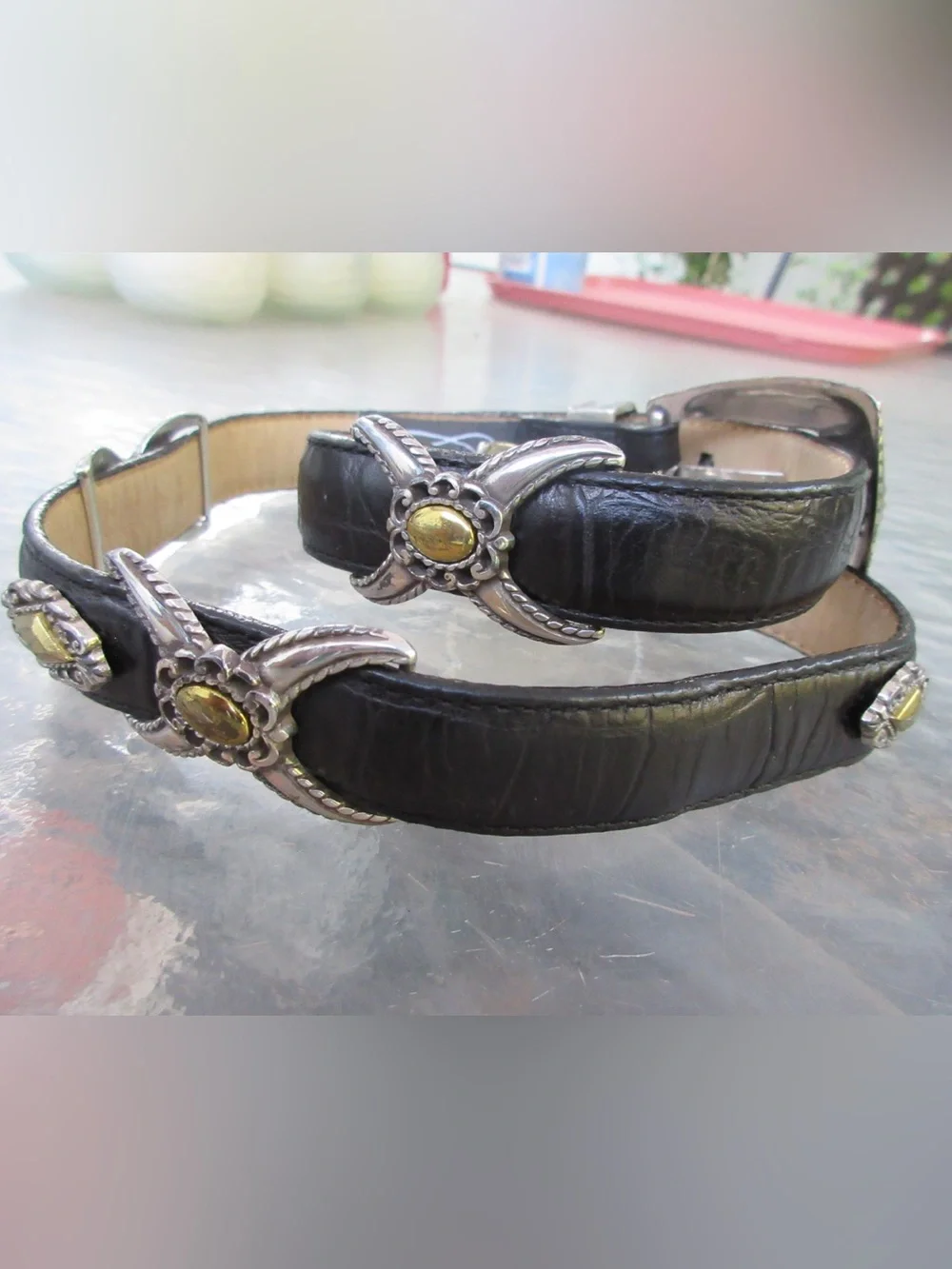 Brighton Black Leather Belt with Silver & Gold-tone Conchos 26”